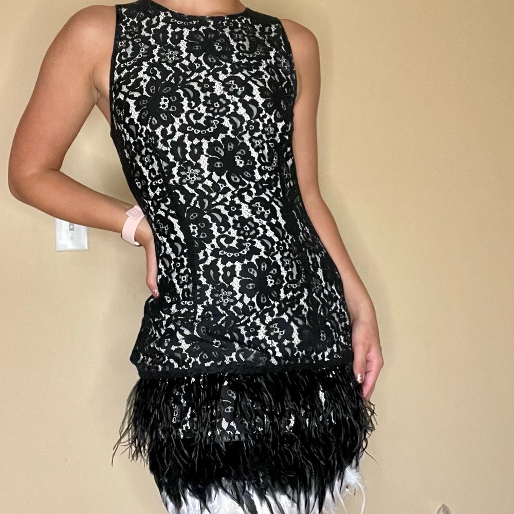 Endless Rose Black/White Lace Dress w/ Feathers